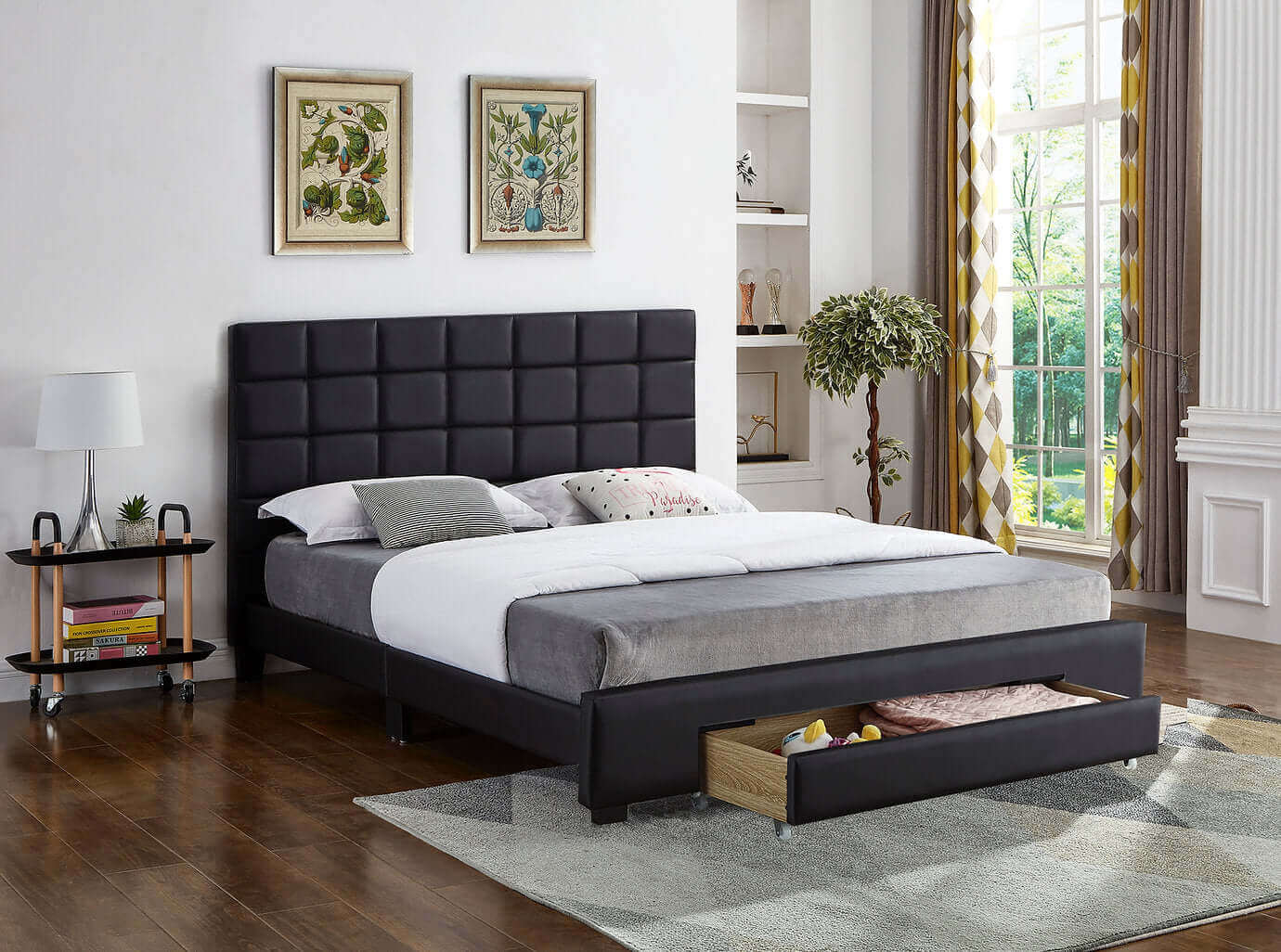 International Furniture Distribution Centre - Black PU Bed with a Square Pattern Tufted Headboard and Storage Drawer - IF 5490 - D