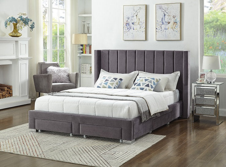 Modern Velvet Upholstered Storage Bed Frame with Wing Headboard