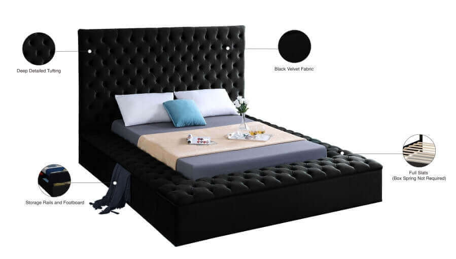 IF 5793 Black Velvet Platform Bed with 3 Storage Benches