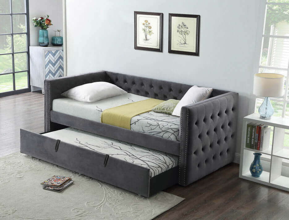 IF 305 Grey Velvet 39” Twin Size Day Bed with 39” Twin Size Pull-Out Trundle