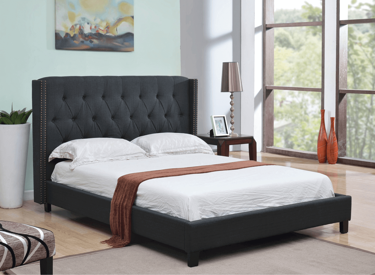 International Furniture Distribution Centre - Charcoal Linen Fabric Wing Bed with Nailhead Detail - IF 5800 - D