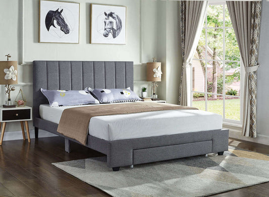 IF 5483 Grey Fabric Bed with Padded Headboard & Storage Drawer