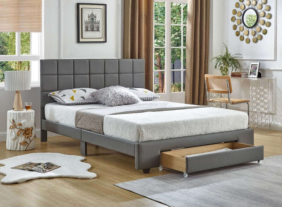 International Furniture Distribution Centre - Grey PU Bed with a Square Pattern Tufted Headboard and Storage Drawer - IF 5491 - D