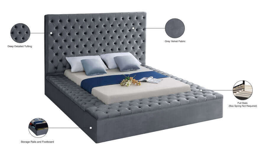 IF 5790 Grey Velvet Fabric Storage Bed with 3 Storage Benches