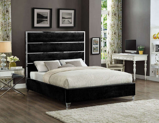 International Furniture Distribution Centre - High Velvet Bed with Chrome Channel Headboard Details and Chrome Legs - IF 5881 - 78
