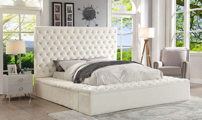 IF 5792 Creme Velvet Fabric Bed with Deep Tufting & 3 Storage Benches