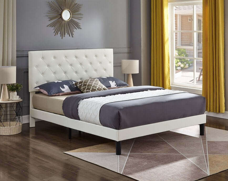 IF 5382 White PU Bed with Button Tufting Headboard