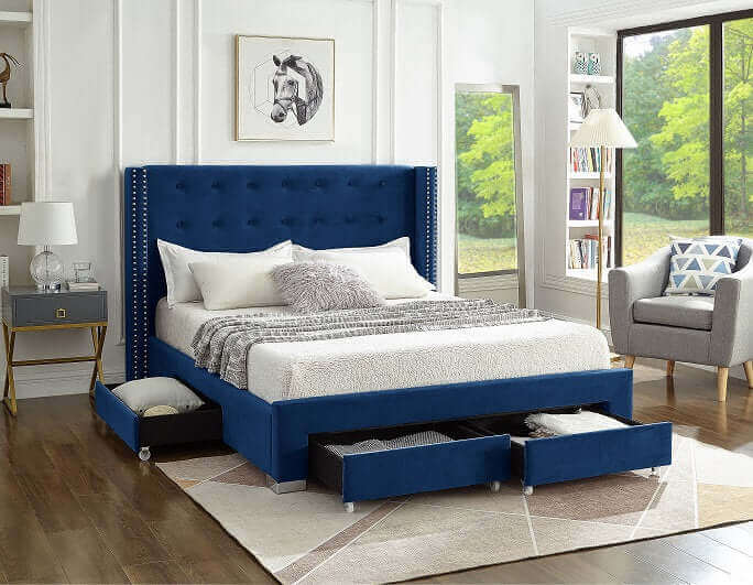 IF 5321 Blue Velvet Fabric Wing Bed