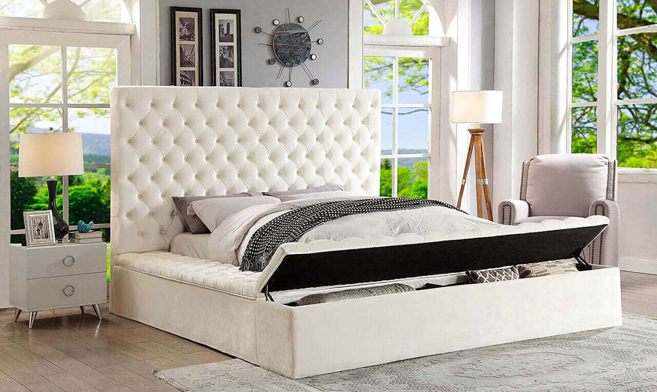 IF 5792 Creme Velvet Fabric Bed with Deep Tufting & 3 Storage Benches