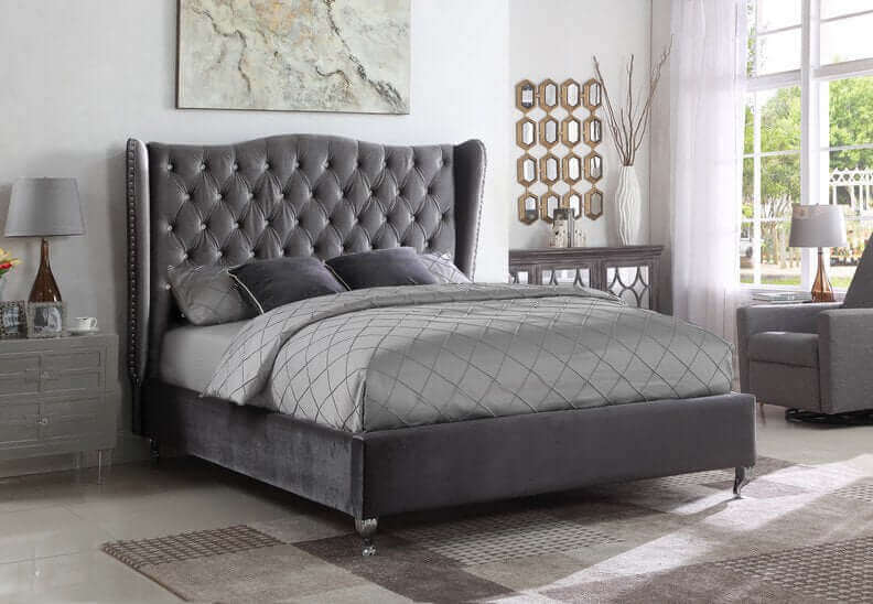 IF 5520 Grey Velvet Fabric Wing Back Bed