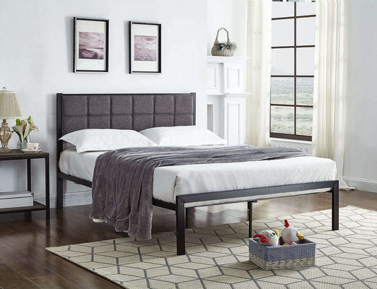 IF 105 Black Metal Bed with a Padded Grey Fabric Headboard