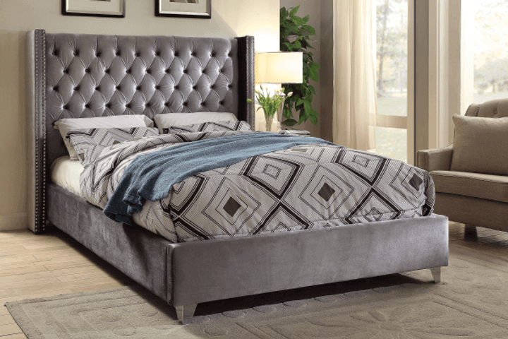 International Furniture Distribution Centre - Grey Velvet Fabric Bed with Deep Button Tufting and Nailhead Details - IF 5890 - D