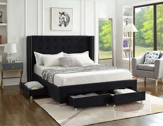 International Furniture Distribution Centre - Black Velvet Fabric Wing Bed with Nailhead Details and Chrome Legs - IF 5323 - Q