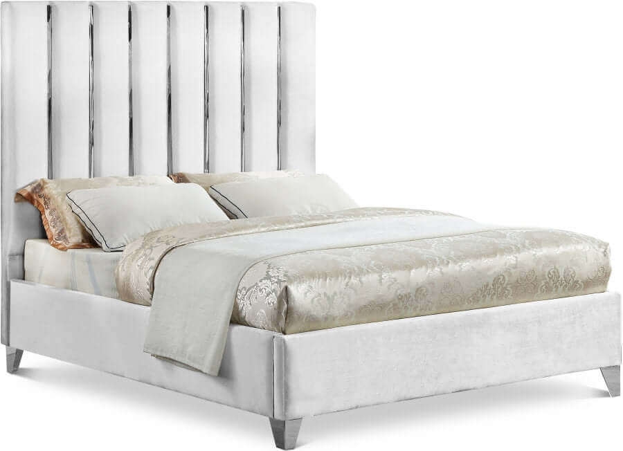 IF 5622 White Velvet Bed with Chrome Channel Design