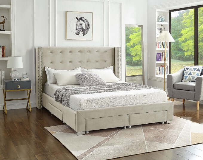 International Furniture Distribution Centre - Creme Velvet Fabric Wing Bed with Nailhead Details and Chrome Legs - IF 5322 - Q