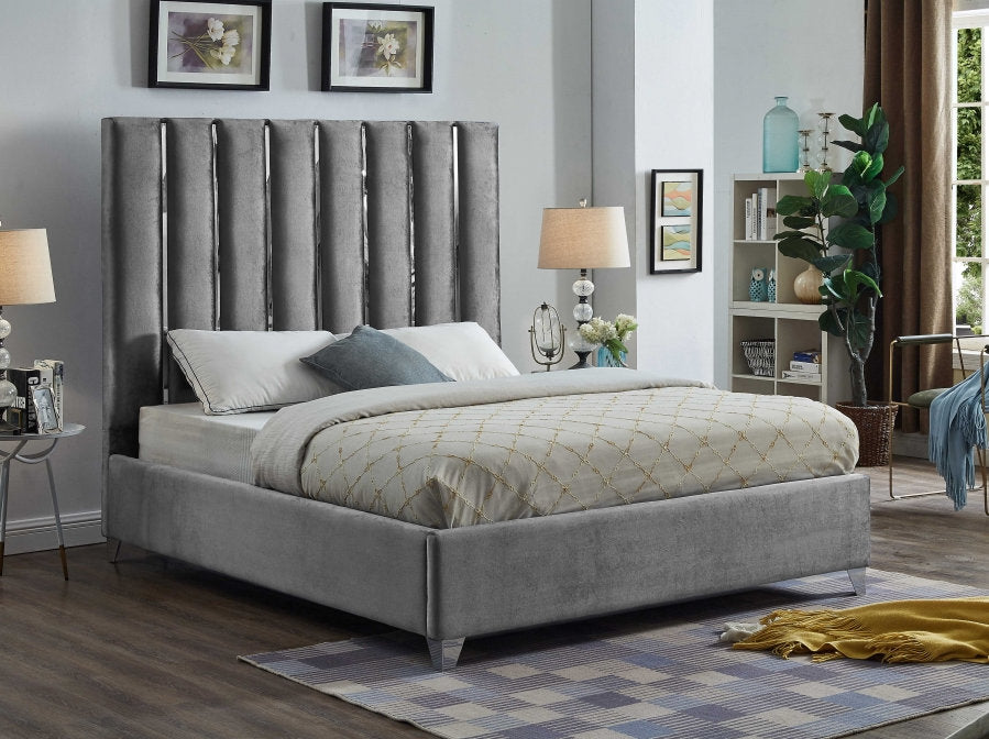 Modern Velvet Bed Frame with Chrome Channel Design in Headboard