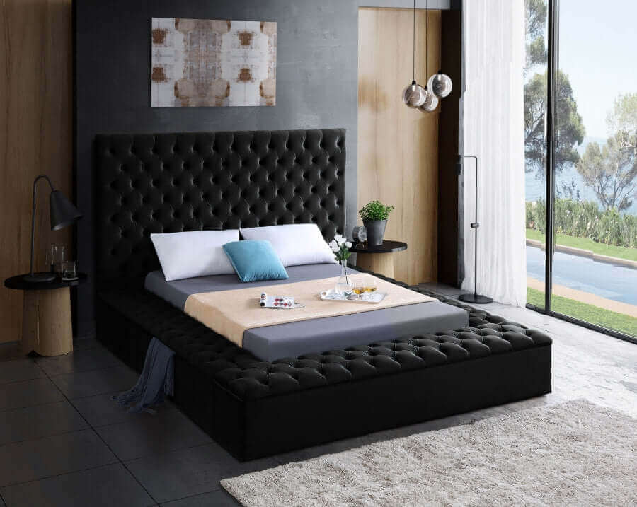 IF 5793 Black Velvet Platform Bed with 3 Storage Benches