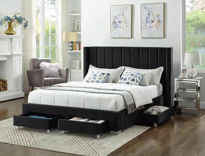 Modern Velvet Upholstered Storage Bed Frame with Wing Headboard