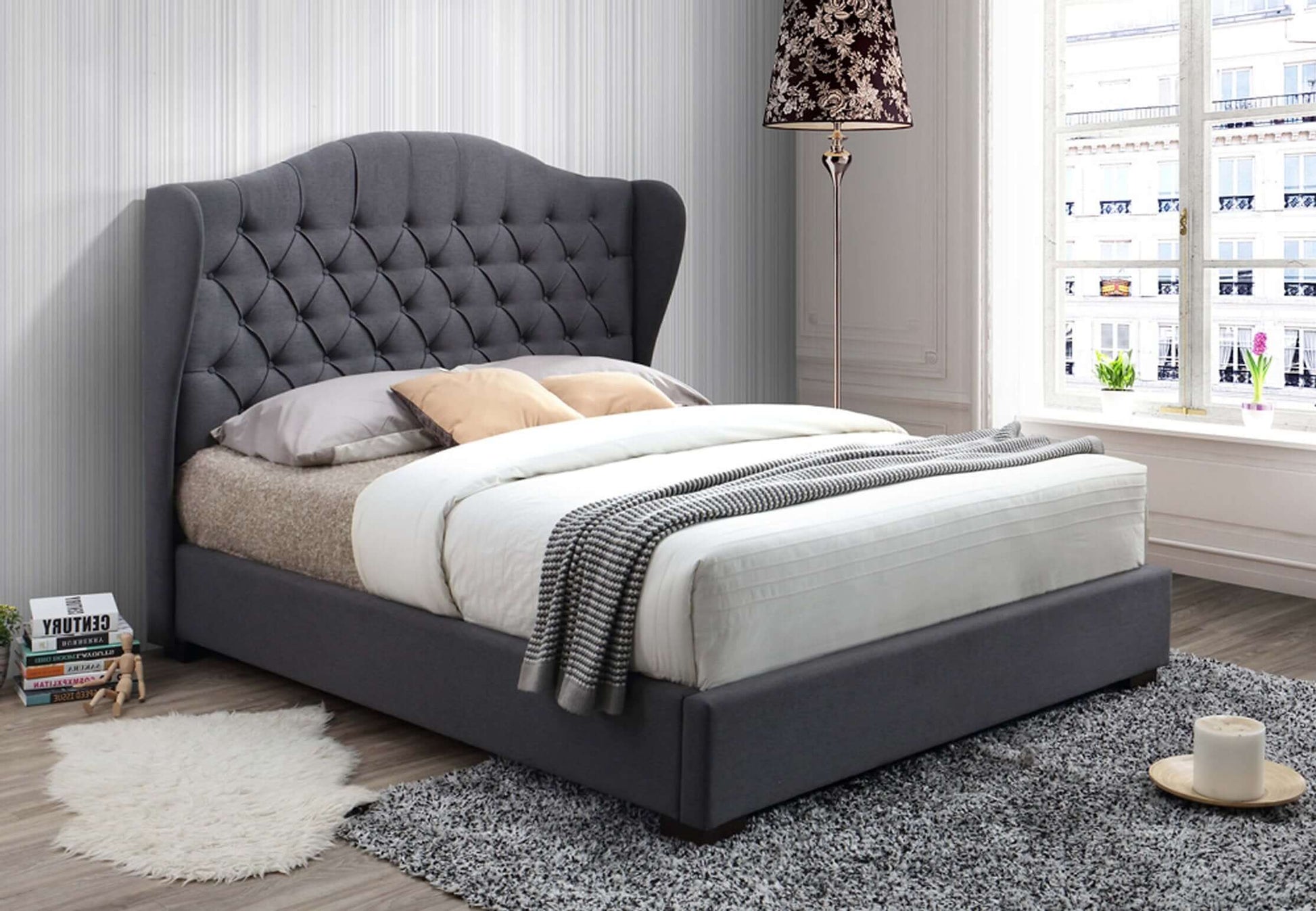 International Furniture Distribution Centre - Grey Fabric Bed with Crowned Wingback Headboard - IF 5730 - Q