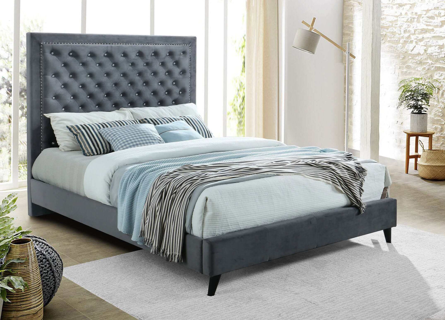 IF 5680 Grey Platform Bed with Rhinestone and Nailhead Details