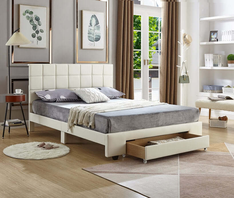 International Furniture Distribution Centre - White PU Bed with a Square Pattern Tufted Headboard and Storage Drawer - IF 5492 - D