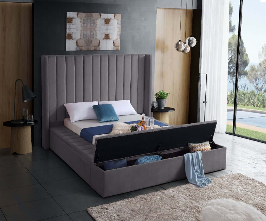 International Furniture Distribution Centre - Grey Velvet Fabric Storage Wing Bed Featuring Vertical Deep Tufting - IF 5720 - Q