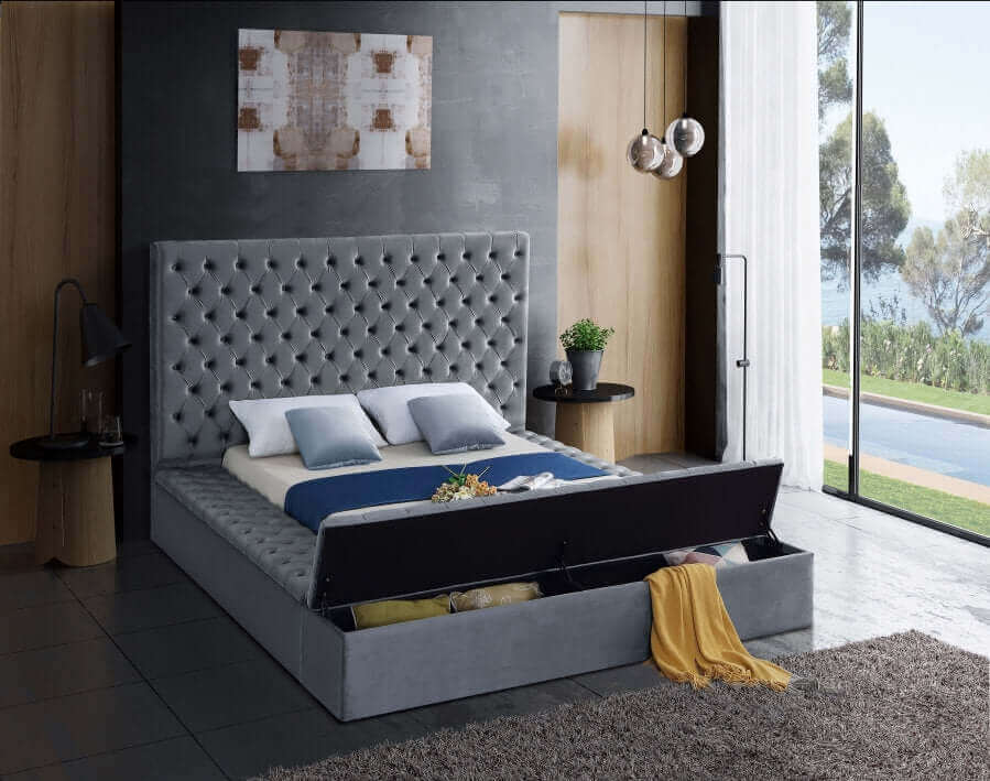 IF 5790 Grey Velvet Fabric Storage Bed with 3 Storage Benches