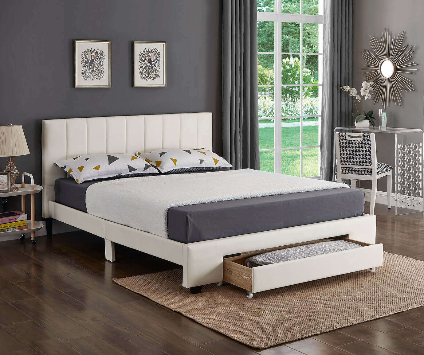 IF 5482 White PU Bed with Padded Headboard and Storage Drawer