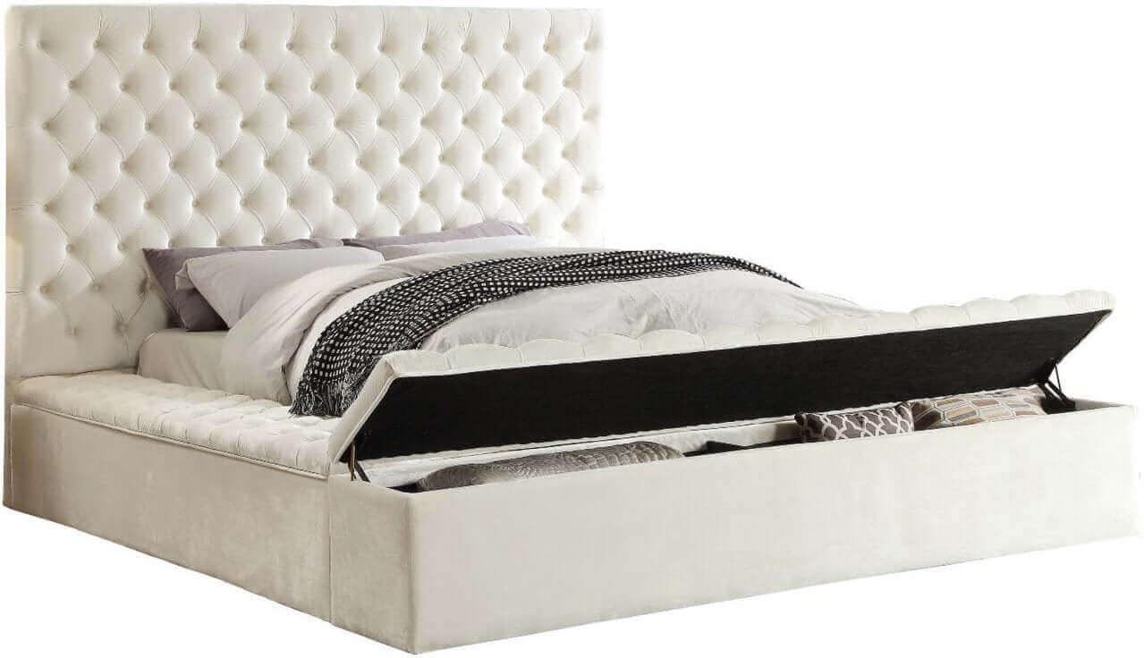 IF 5792 Creme Velvet Fabric Bed with Deep Tufting & 3 Storage Benches