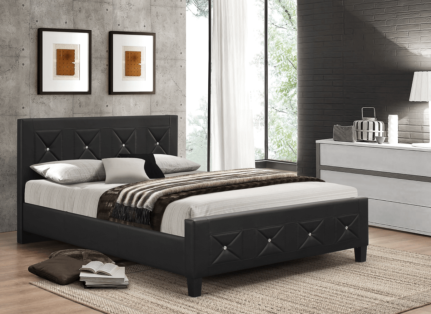 International Furniture Distribution Centre - Black PU Bed with Rhinestone Jewels - IF 177 - S