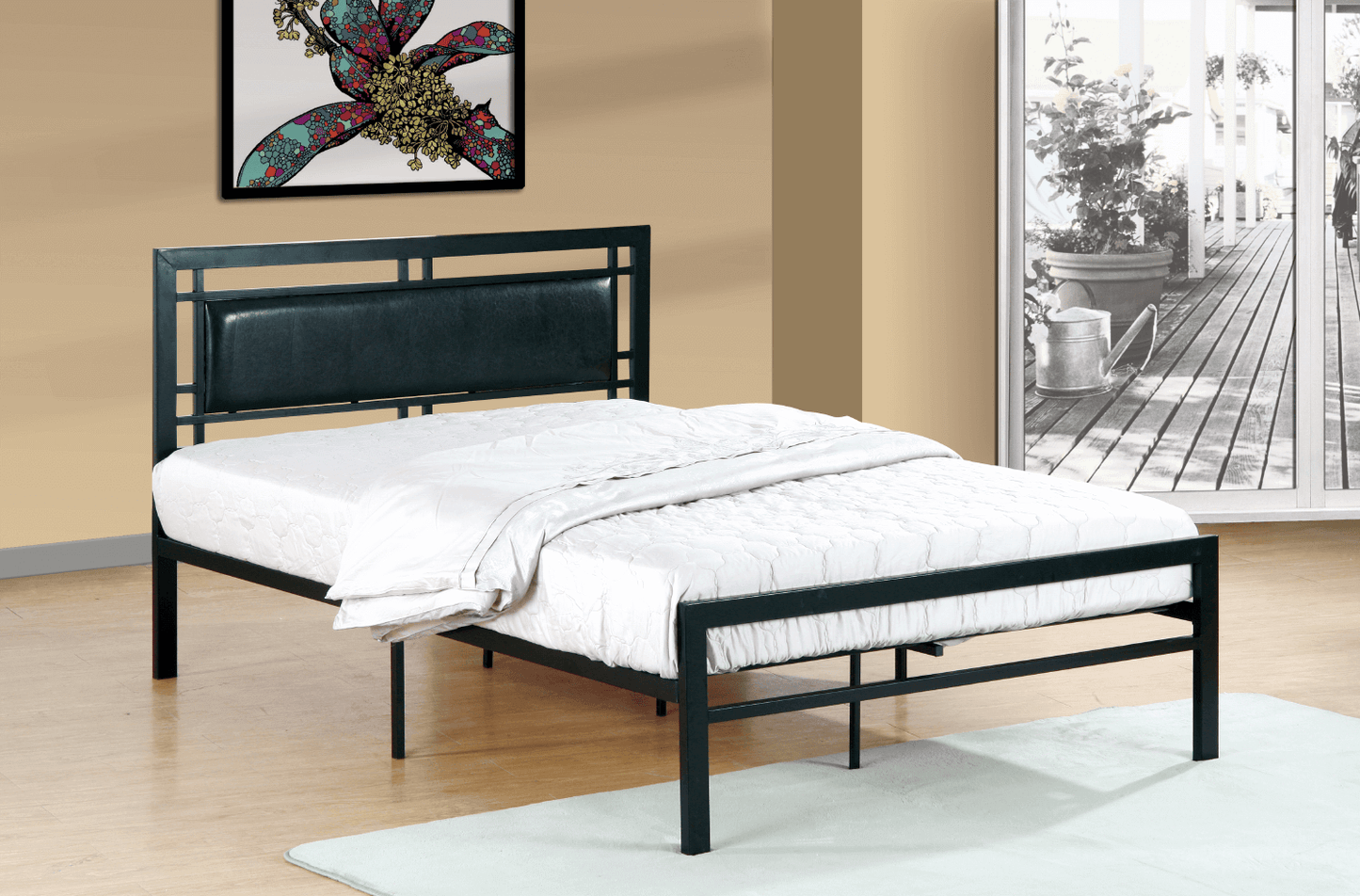 IF 141 Black or White Metal Bed with a Padded Headboard