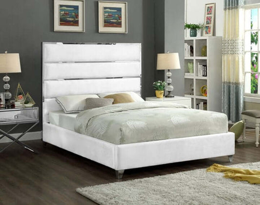 International Furniture Distribution Centre - High Velvet Bed with Chrome Channel Headboard Details and Chrome Legs - IF 5882 - 78