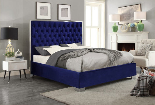 Velvet Fabric Upholstered Bed Frame with Deep Tufting and Chrome Trim