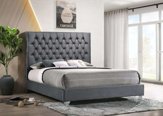 IF 5215 Grey Velvet Bed with Diamond Pattern Button Details