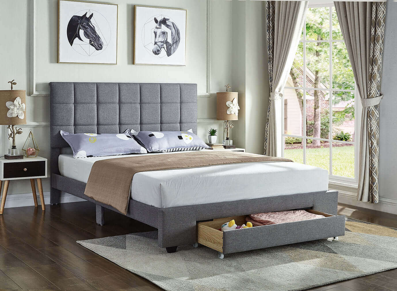 IF 5493 Grey Fabric Bed with a Square Pattern Tufted Headboard