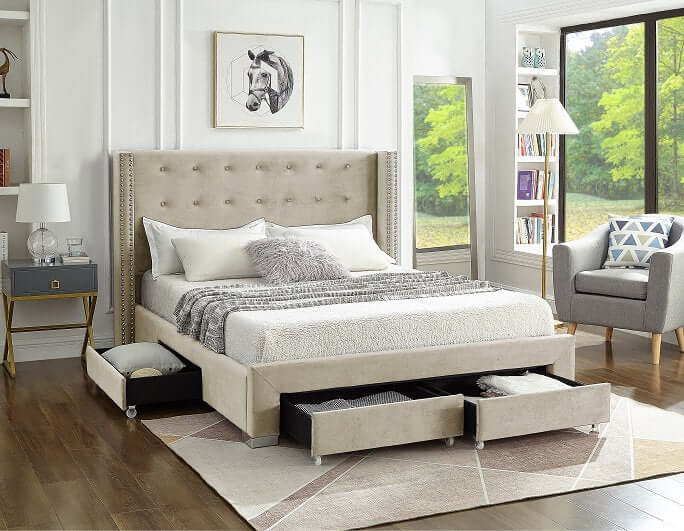 International Furniture Distribution Centre - Creme Velvet Fabric Wing Bed with Nailhead Details and Chrome Legs - IF 5322 - Q