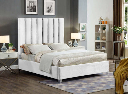 IF 5622 White Velvet Bed with Chrome Channel Design