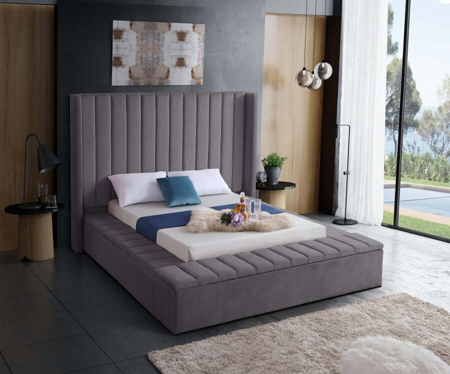 International Furniture Distribution Centre - Grey Velvet Fabric Storage Wing Bed Featuring Vertical Deep Tufting - IF 5720 - Q