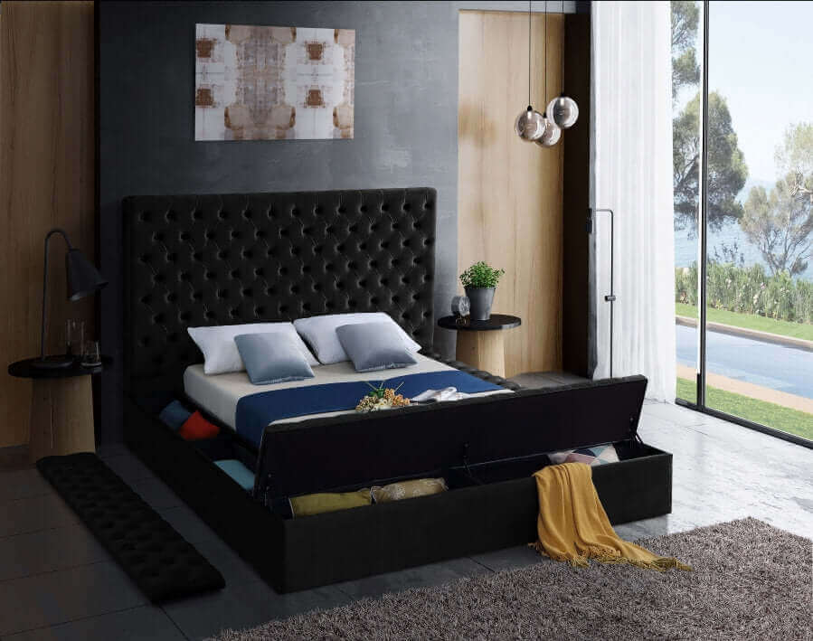 IF 5793 Black Velvet Platform Bed with 3 Storage Benches