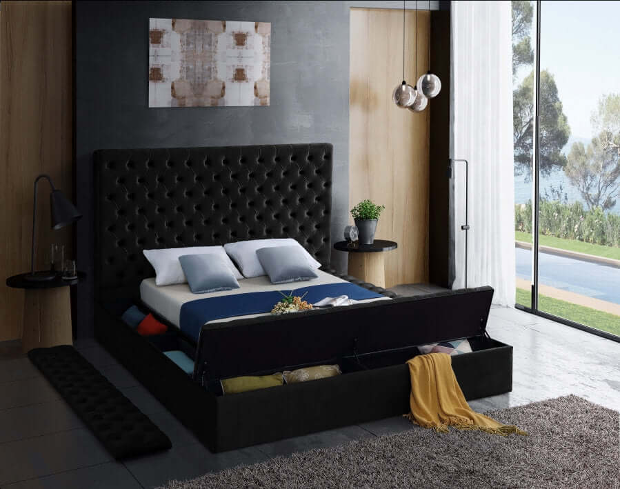 International Furniture Distribution Centre - Black Velvet Storage Bed Featuring Deep Tufting & 3 Storage Benches - IF 5793 - Q