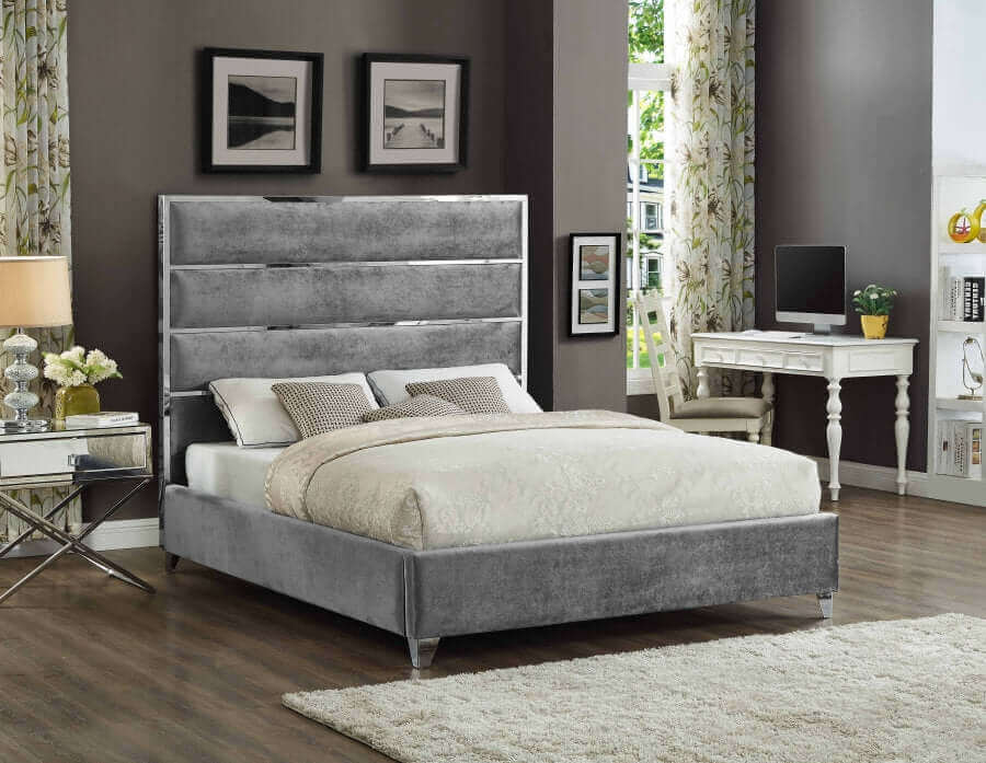 IF 5880 Grey Velvet Bed Featuring a Chrome Channel Design