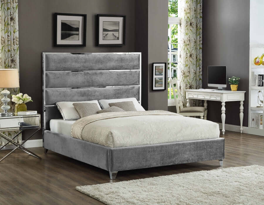 International Furniture Distribution Centre - High Velvet Bed with Chrome Channel Headboard Details and Chrome Legs - IF 5880 - 78