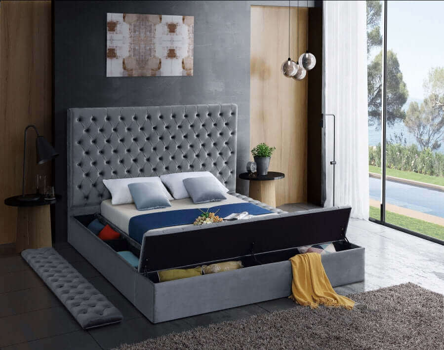 IF 5790 Grey Velvet Fabric Storage Bed with 3 Storage Benches