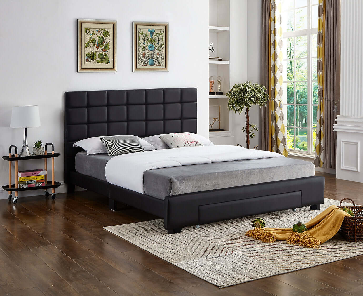 International Furniture Distribution Centre - Black PU Bed with a Square Pattern Tufted Headboard and Storage Drawer - IF 5490 - D