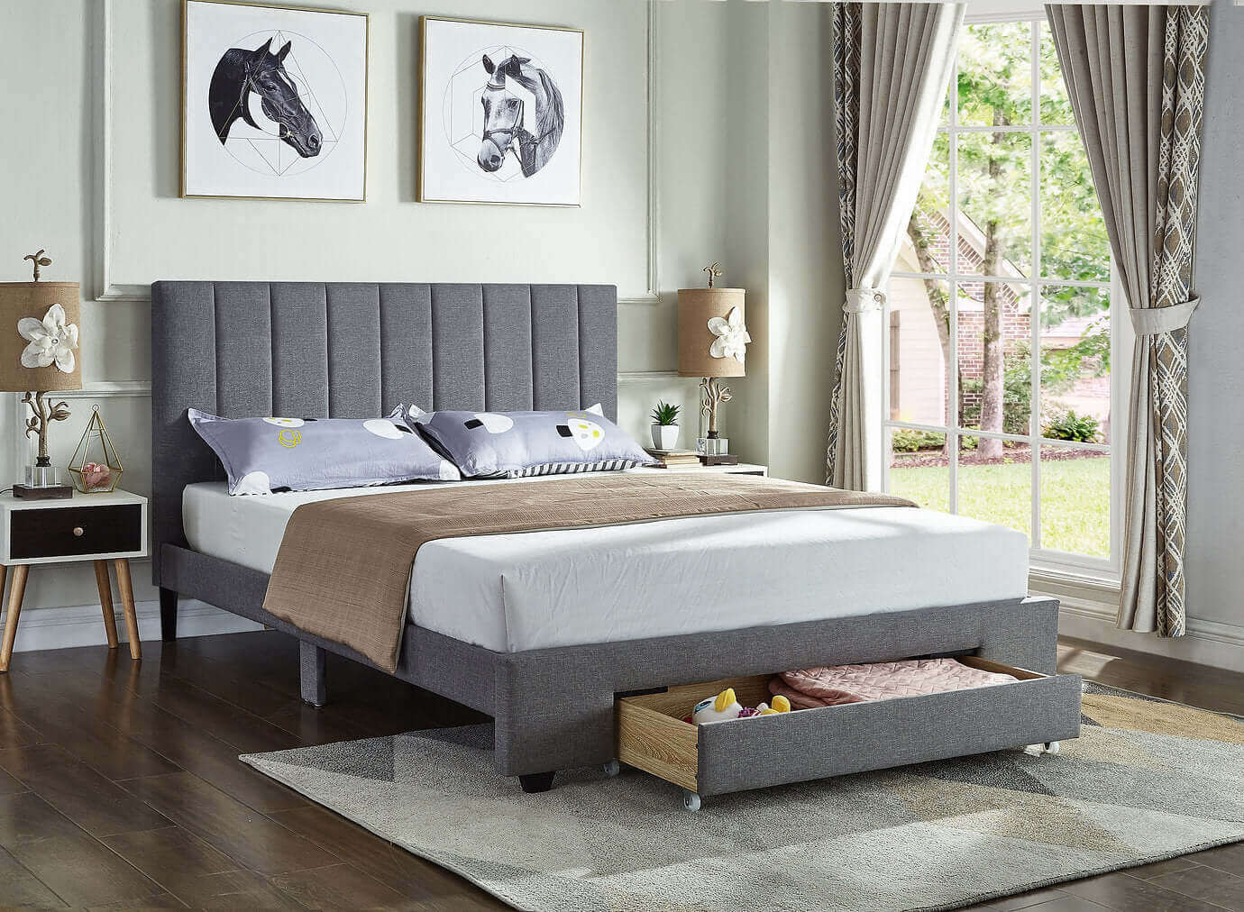 IF 5483 Grey Fabric Bed with Padded Headboard & Storage Drawer