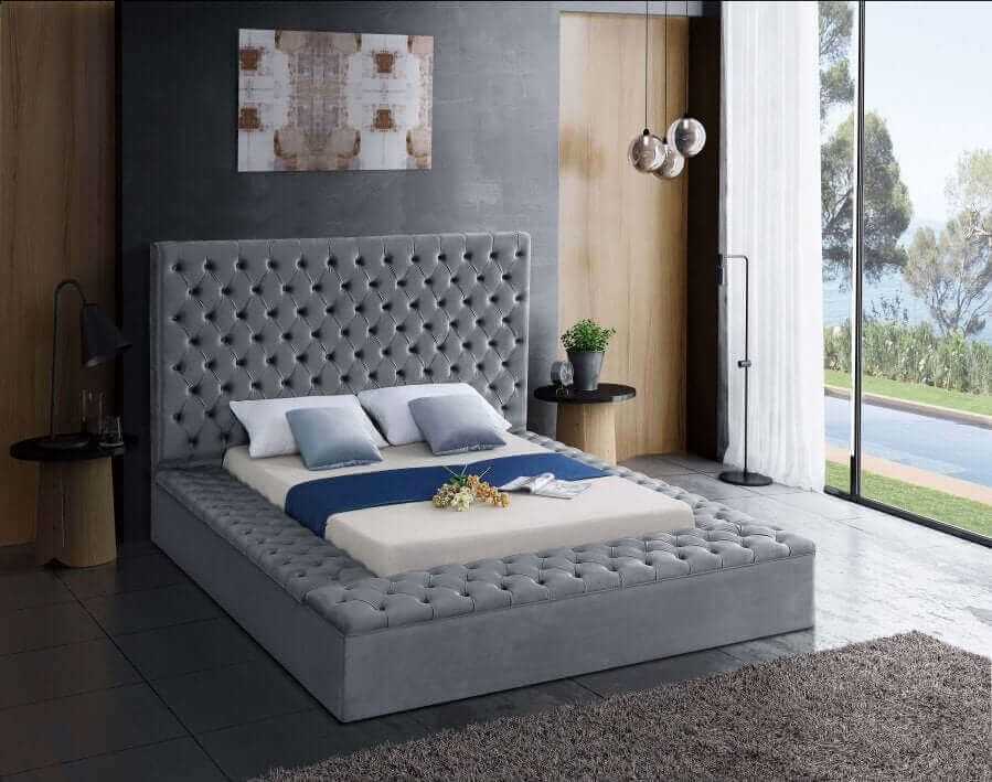 IF 5790 Grey Velvet Fabric Storage Bed with 3 Storage Benches