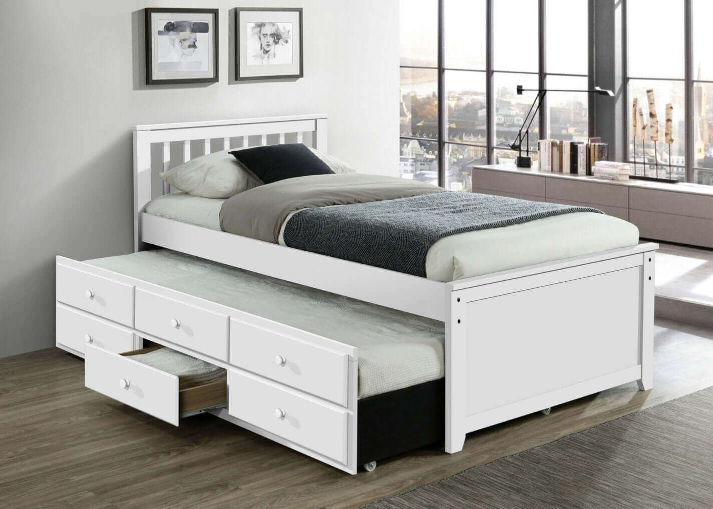 IF 300 Wood Captain Bed with Single Size Pull-Out Trundle Bed