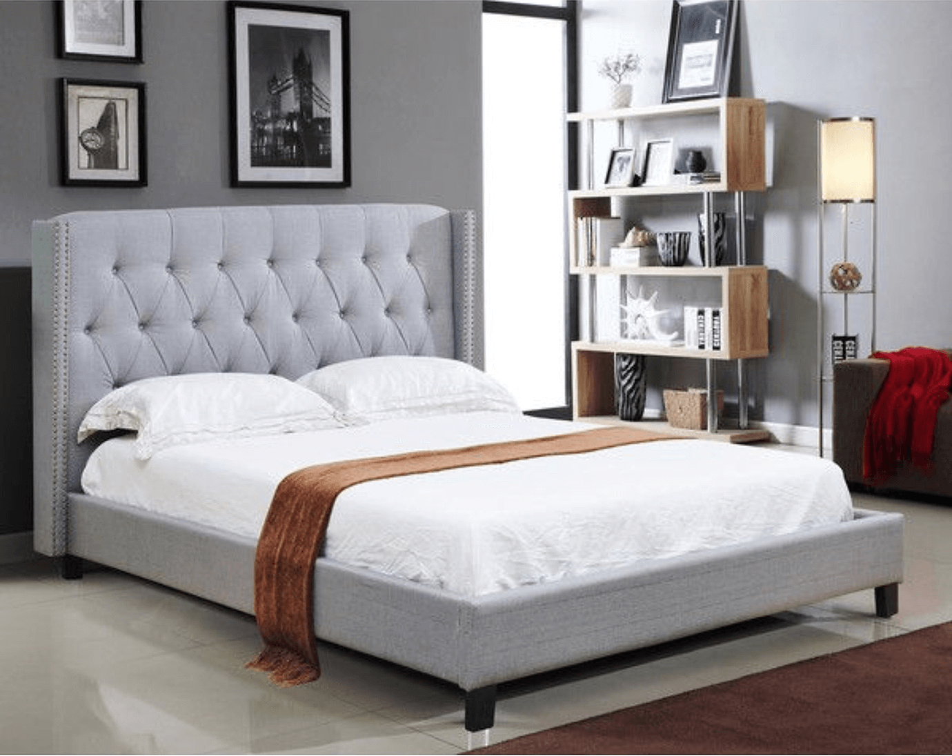 International Furniture Distribution Centre - Light Grey Linen Fabric Wing Bed with Nailhead Detail - IF 5801 - D