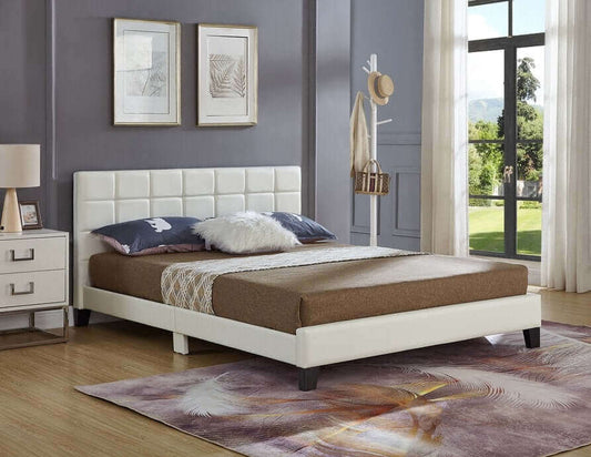 IF 5422 White PU Bed with a Square Pattern Tufted Headboard