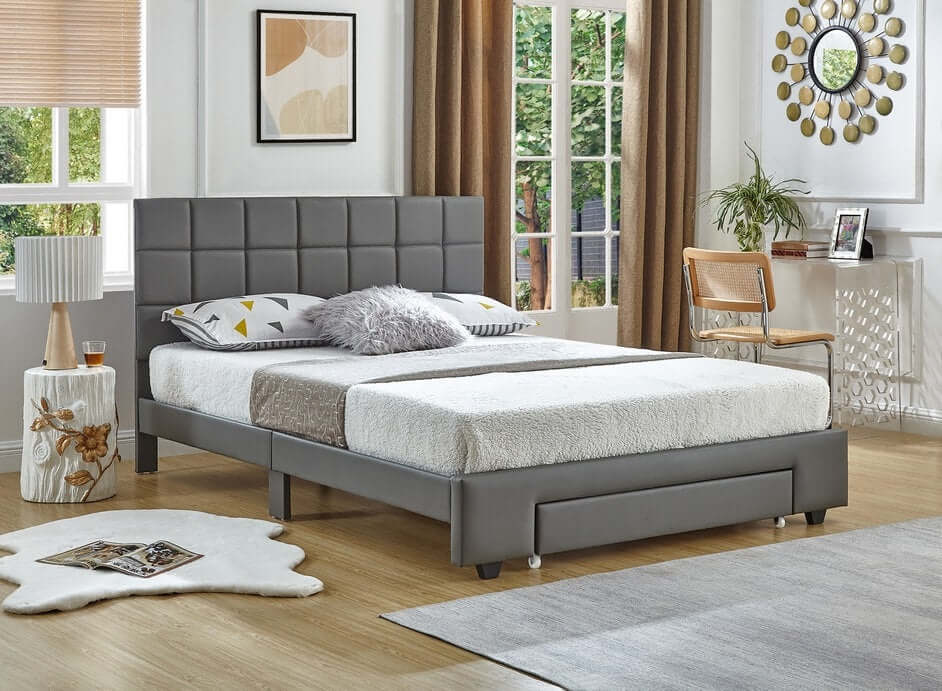 International Furniture Distribution Centre - Grey PU Bed with a Square Pattern Tufted Headboard and Storage Drawer - IF 5491 - D